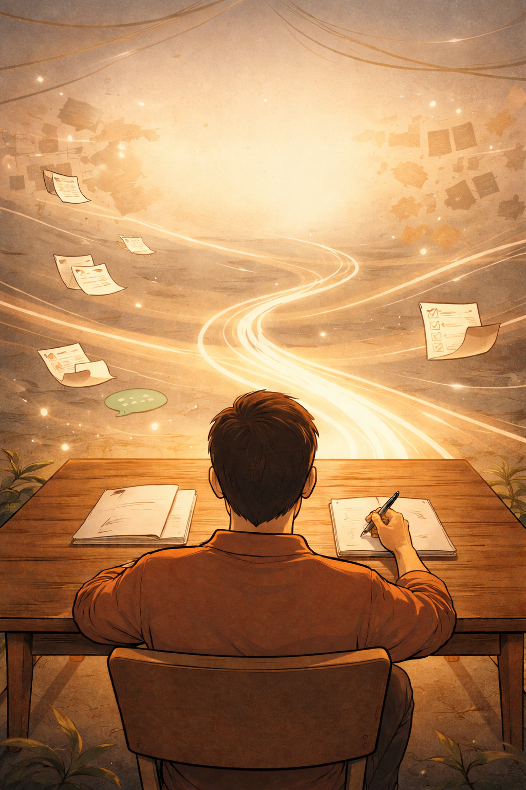 Selbstständiger Unternehmer am Schreibtisch mit wirbelnden Papieren – Sinnbild für innere Unruhe und strategische Führung