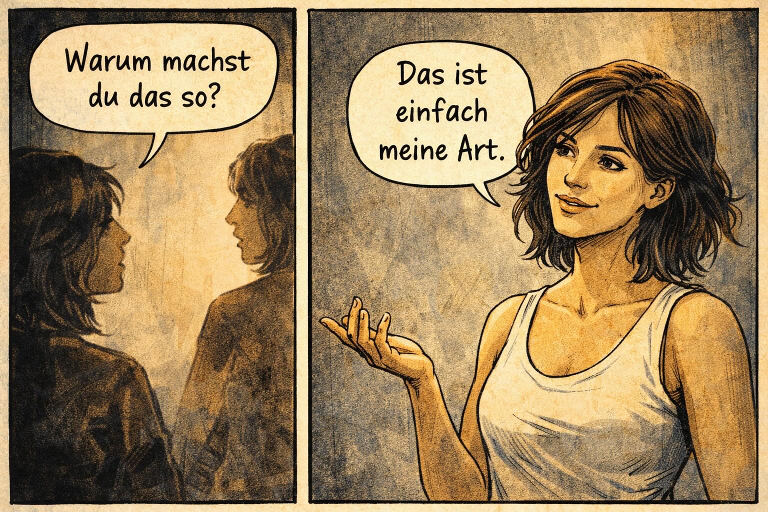 Graphic-Novel-Illustration einer Solo-Unternehmerin, die selbstbewusst ihre eigene Art der Unternehmensführung erklärt.