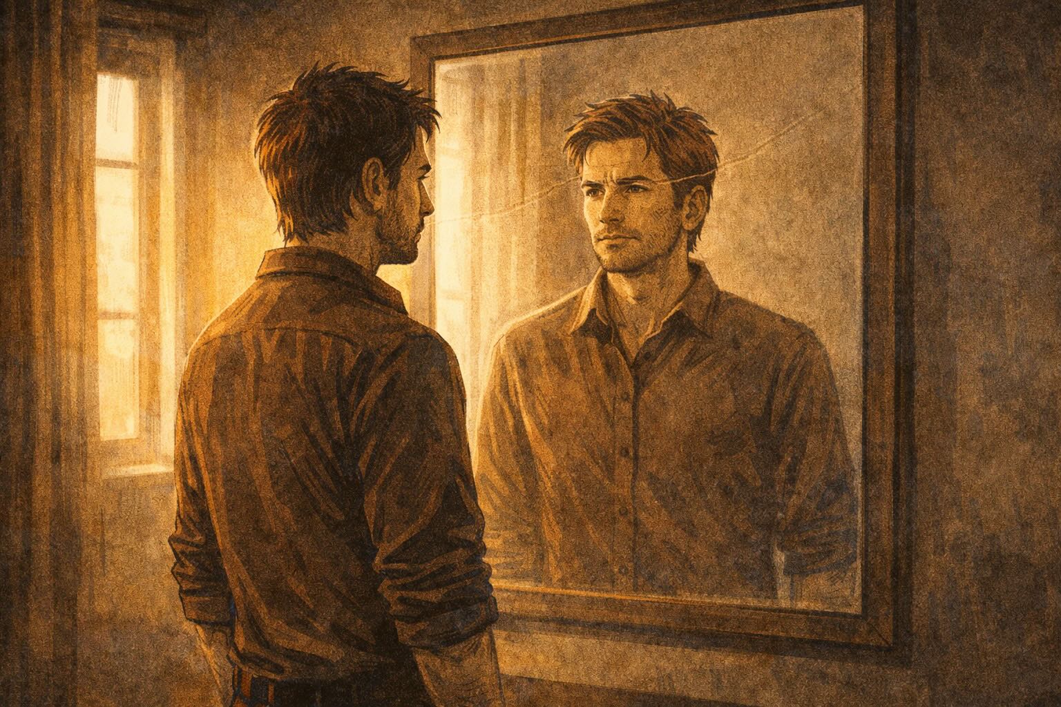 Solo-Unternehmer blickt in den Spiegel – Symbol für Selbstführung und das Risiko des Unterlassens im Business.